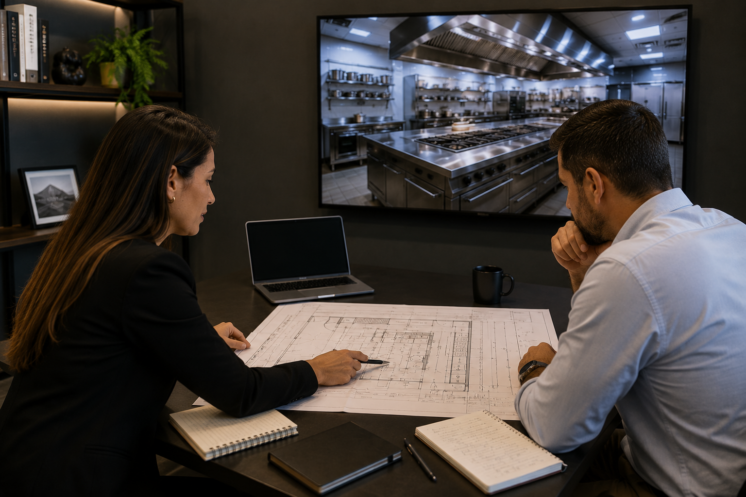 Consultora e cliente da Saggio analisando a planta de uma cozinha industrial sobre a mesa, com o projeto da cozinha exibido na tela ao fundo