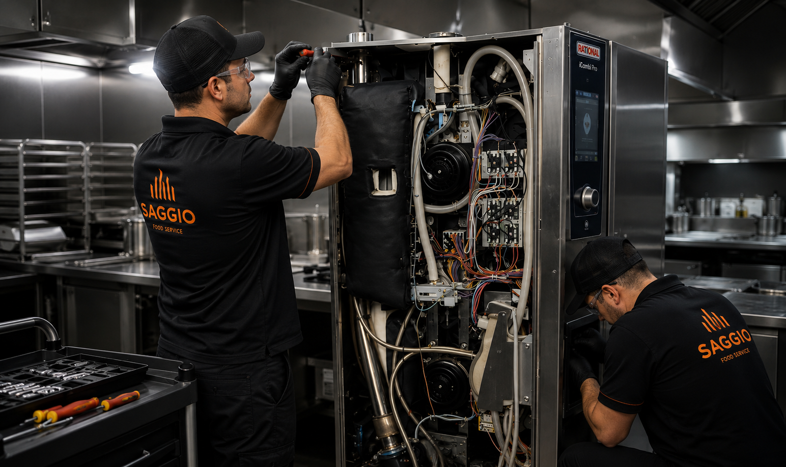 Dois técnicos da Saggio Food Service em manutenção de forno industrial combinado Rational iCombi Pro com o painel aberto, em cozinha de aço inox