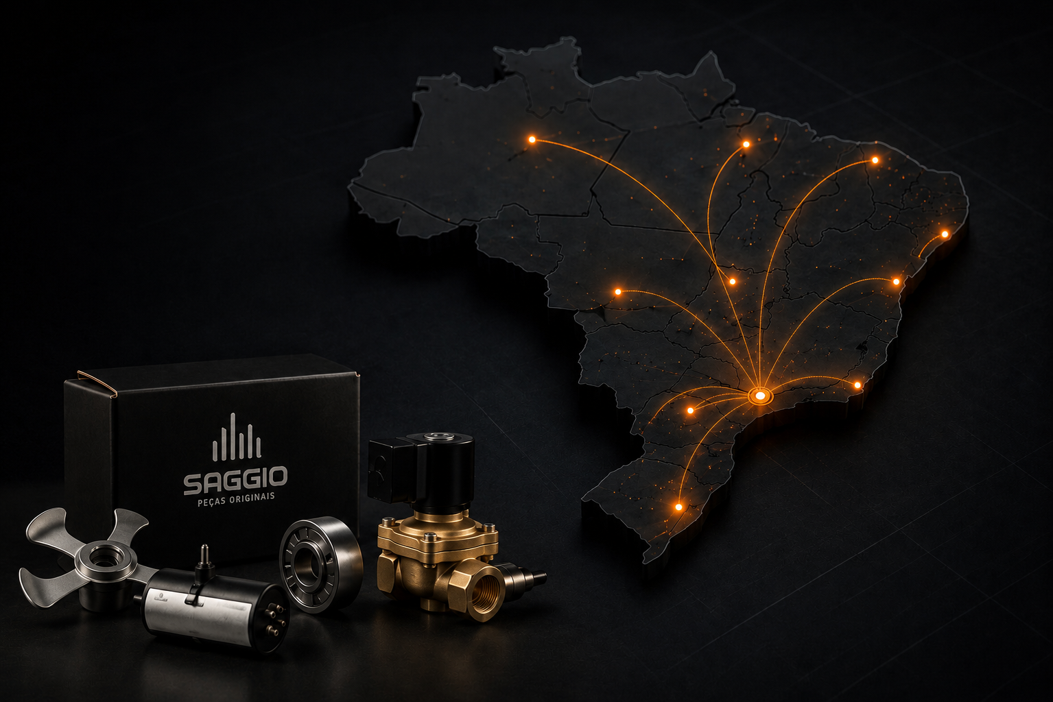 Peças originais para cozinha industrial — motor, rolamento e válvula solenoide — ao lado de um mapa do Brasil com rotas de envio de peças a partir de São Paulo